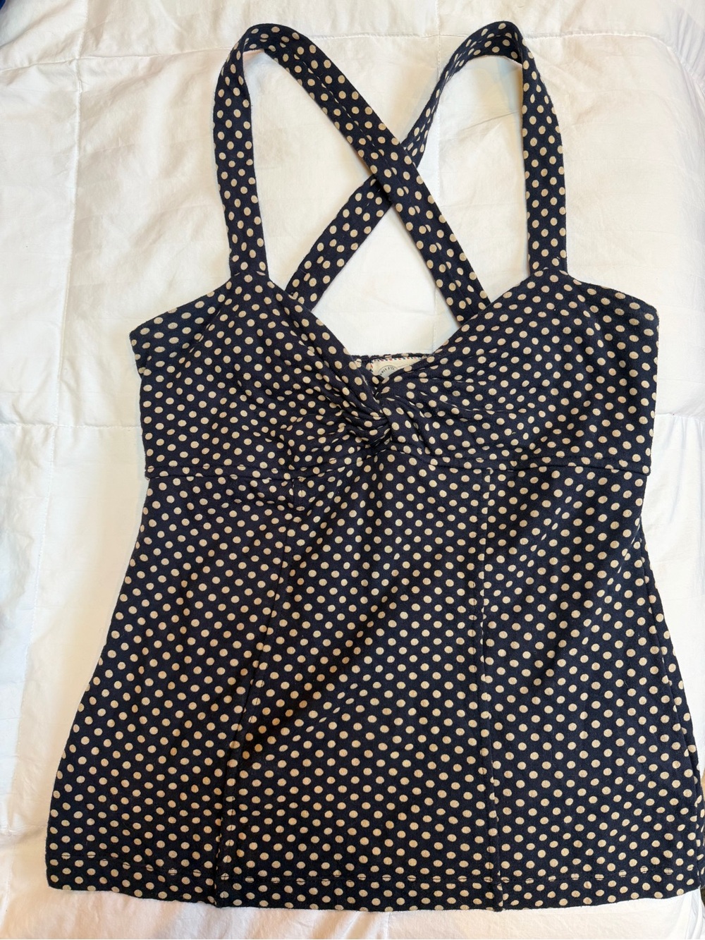 Navy Polka Dot Crossback Tank with Twist Front